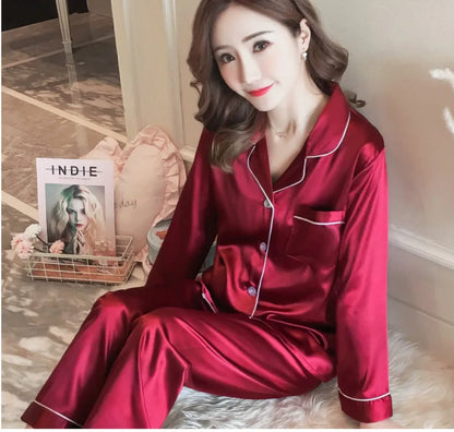 Pajamas Sets for Women 2025 Sexy Silk Women Pijama Sets Sleepwear Long-sleeve Cardigan Set Female Ice Silk Pyjamas Home Clothing