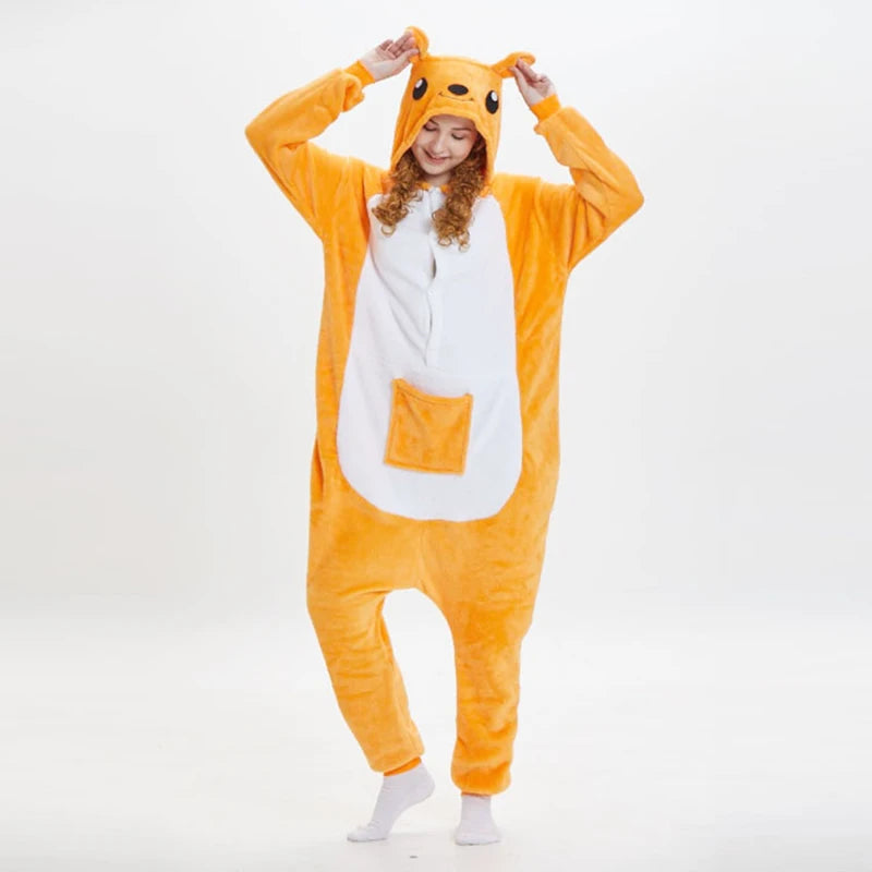 Unisex Adult Kangaroo Pajamas Cosplay Onesies Cartoon Animal Sleepwear Pyjamas Warm Flannel Hooded Christmas Halloween Jumpsuits