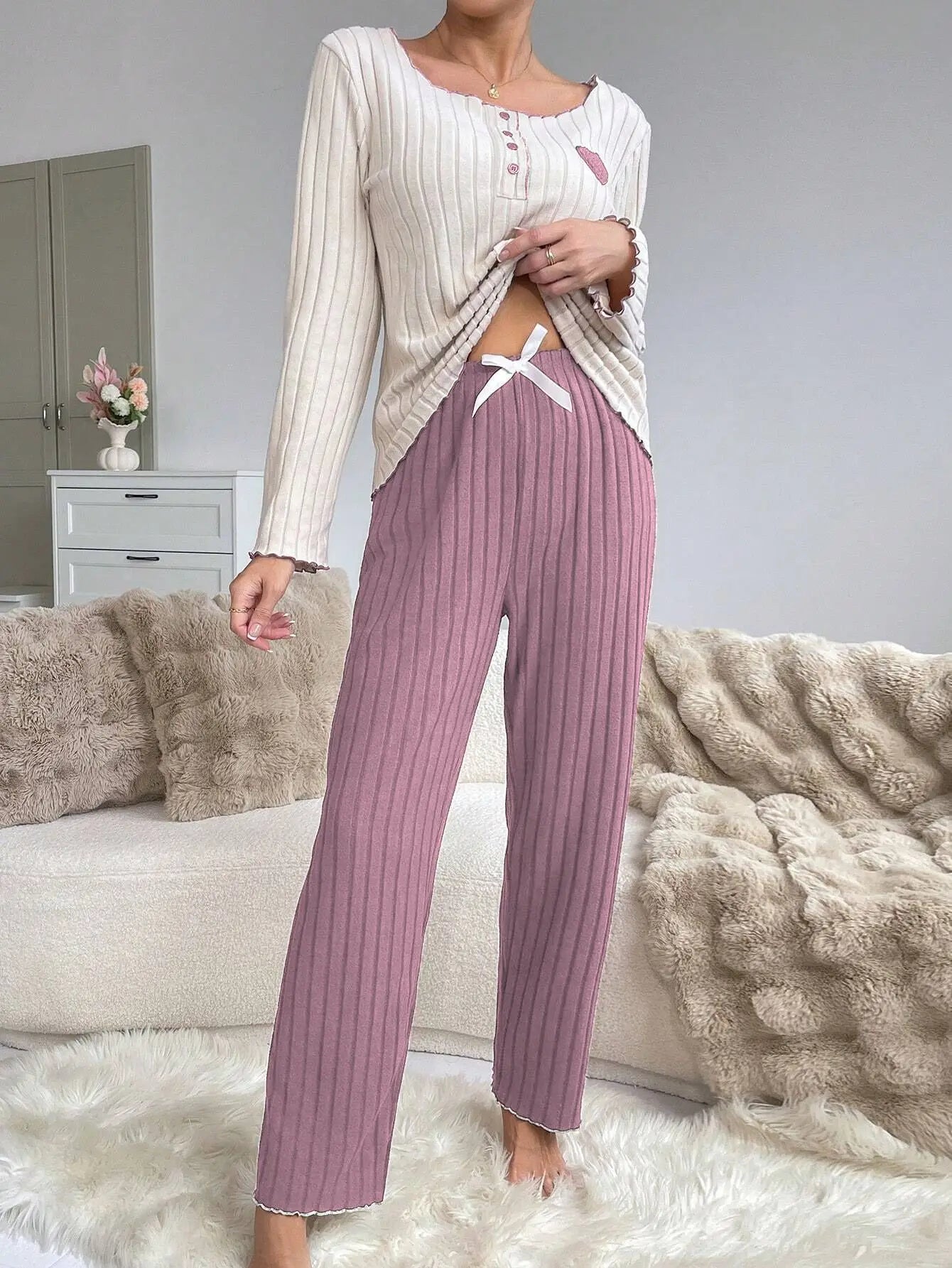 Women's Ribbed Pajamas Set Cute Heart Long Sleeve Top And Trousers Sleepwear 2 Piece Set For Women Casual Suit Loungewear