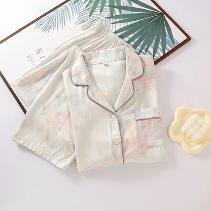 High Quality Women's Cotton Viscose Sleepwear Clothes Fresh and Elegant Thin Style Long Sleeved Pants Set Home Clothes