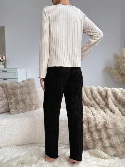 Women's Ribbed Pajamas Set Cute Heart Long Sleeve Top And Trousers Sleepwear 2 Piece Set For Women Casual Suit Loungewear