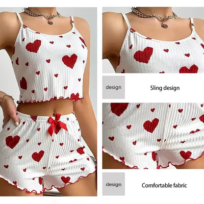 New Women's Pajamas Set Sleepwear Short Tank Tops And Shorts S M L XL White Ventilate Soft Casual Love Printing Women Sleepwear