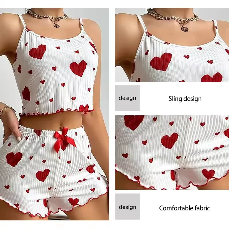 New Women's Pajamas Set Sleepwear Short Tank Tops And Shorts S M L XL White Ventilate Soft Casual Love Printing Women Sleepwear