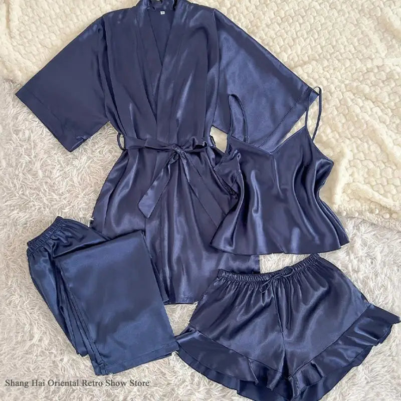 Spring Summer New Women Pajama Four Piece Suit Sleepwear Silky Satin Kimono Bathrobe Trouser Suits Loose Home Clothes Loungewear
