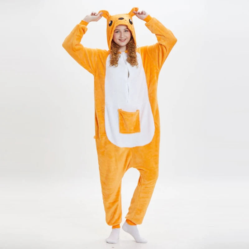 Unisex Adult Kangaroo Pajamas Cosplay Onesies Cartoon Animal Sleepwear Pyjamas Warm Flannel Hooded Christmas Halloween Jumpsuits