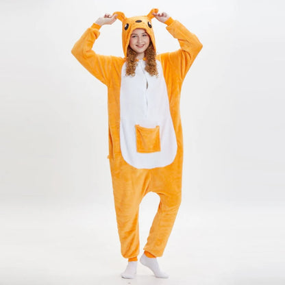 Unisex Adult Kangaroo Pajamas Cosplay Onesies Cartoon Animal Sleepwear Pyjamas Warm Flannel Hooded Christmas Halloween Jumpsuits