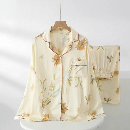 High Quality Women's Cotton Viscose Sleepwear Clothes Fresh and Elegant Thin Style Long Sleeved Pants Set Home Clothes