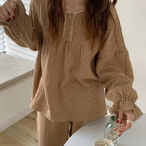 Spring and Autumn Season Korean Style Cute Wrinkled Fabric Sleepwear Women's Long Sleeve Long Pants Loose Student Homewear Set