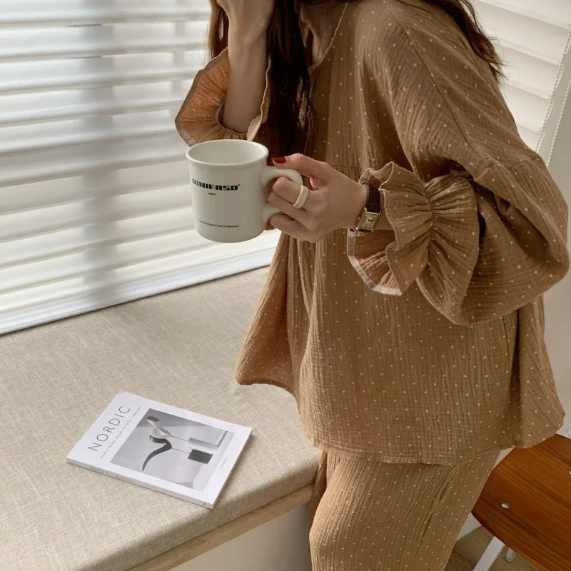 Spring and Autumn Season Korean Style Cute Wrinkled Fabric Sleepwear Women's Long Sleeve Long Pants Loose Student Homewear Set