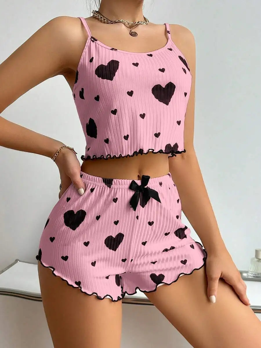 New Women's Pajamas Set Sleepwear Short Tank Tops And Shorts S M L XL White Ventilate Soft Casual Love Printing Women Sleepwear