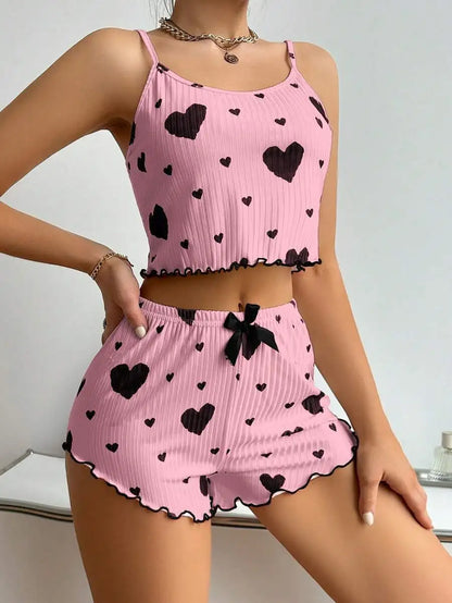 New Women's Pajamas Set Sleepwear Short Tank Tops And Shorts S M L XL White Ventilate Soft Casual Love Printing Women Sleepwear