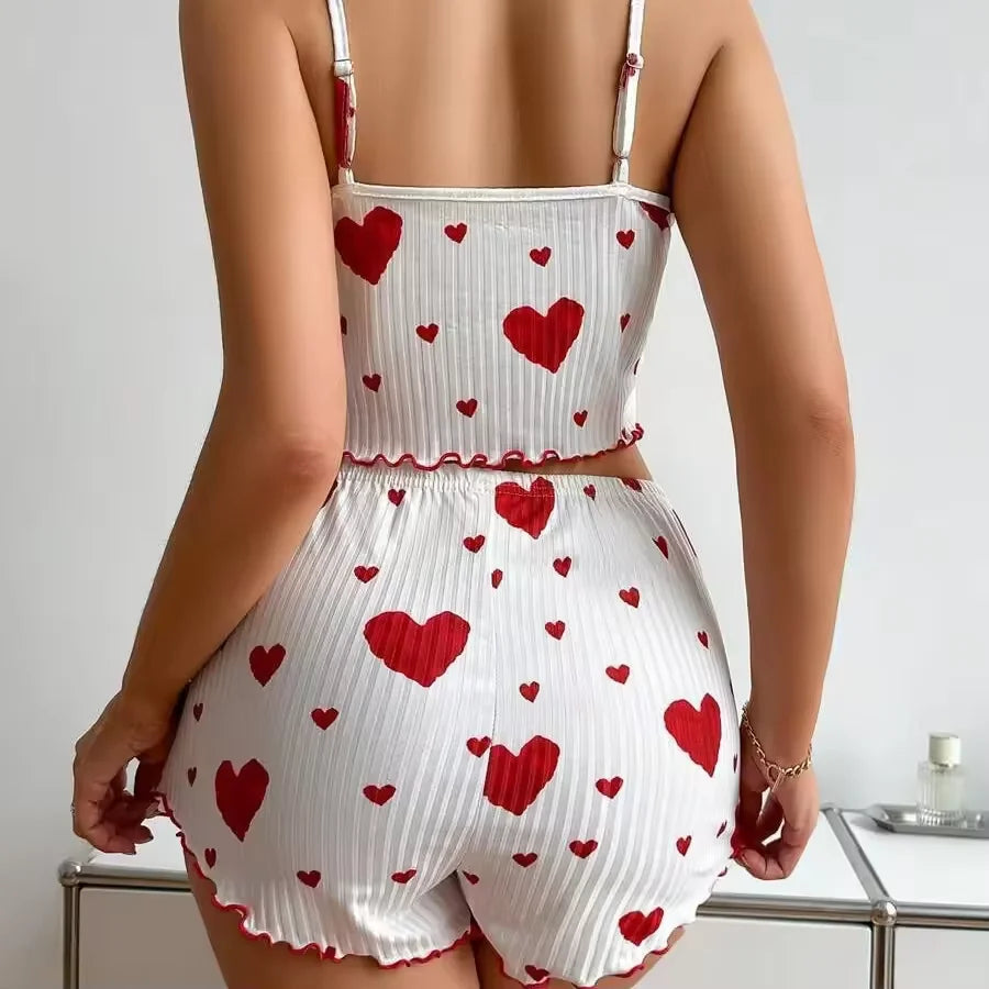 New Women's Pajamas Set Sleepwear Short Tank Tops And Shorts S M L XL White Ventilate Soft Casual Love Printing Women Sleepwear