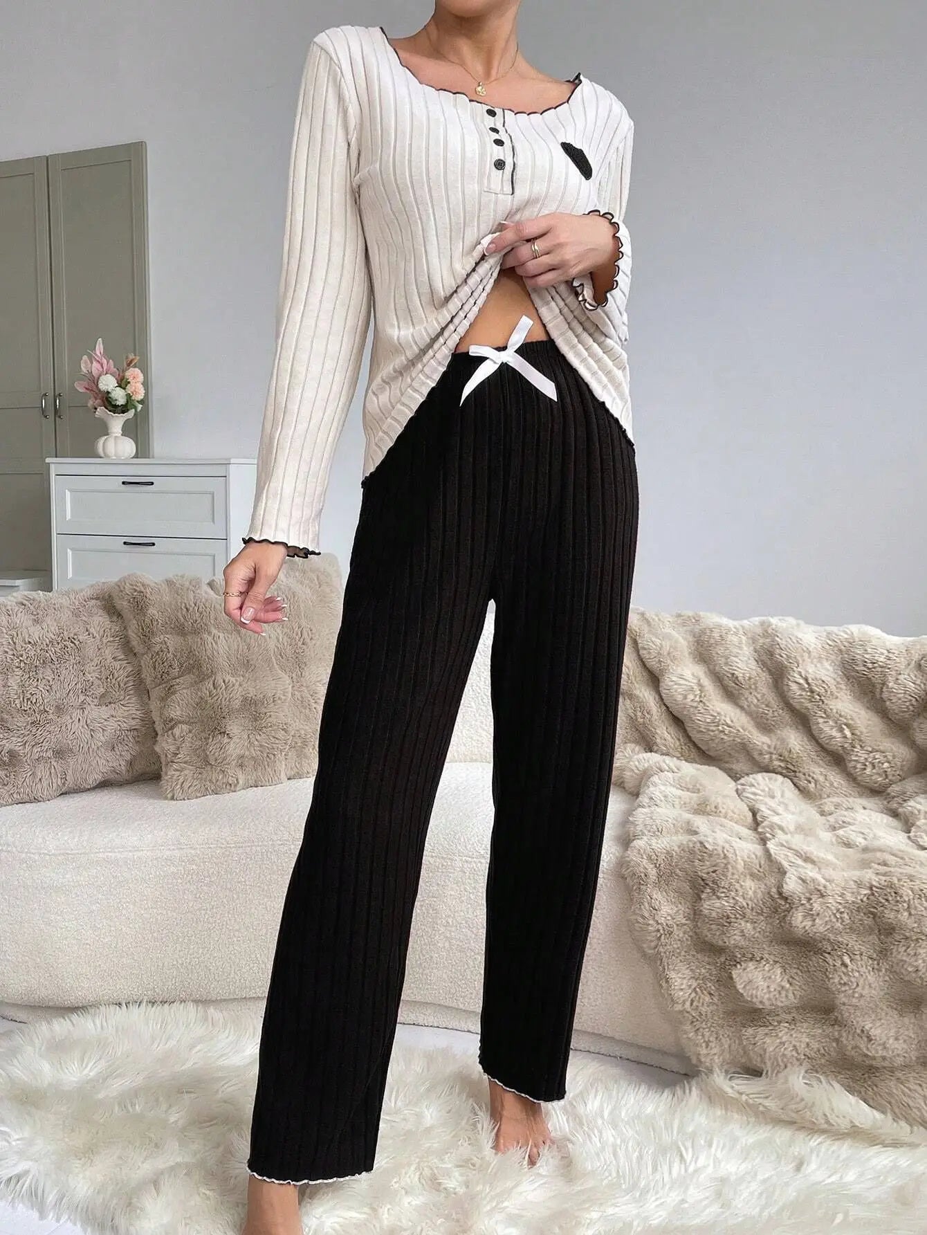 Women's Ribbed Pajamas Set Cute Heart Long Sleeve Top And Trousers Sleepwear 2 Piece Set For Women Casual Suit Loungewear