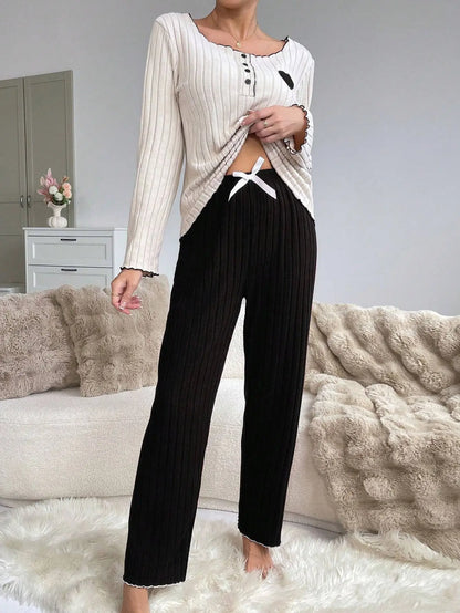 Women's Ribbed Pajamas Set Cute Heart Long Sleeve Top And Trousers Sleepwear 2 Piece Set For Women Casual Suit Loungewear