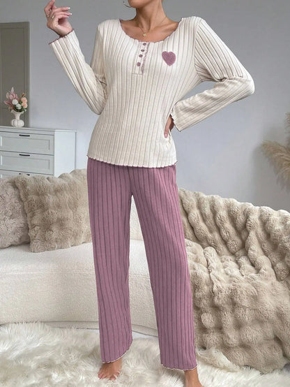 Women's Ribbed Pajamas Set Cute Heart Long Sleeve Top And Trousers Sleepwear 2 Piece Set For Women Casual Suit Loungewear