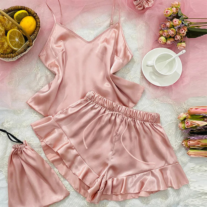 Spring Summer New Women Pajama Four Piece Suit Sleepwear Silky Satin Kimono Bathrobe Trouser Suits Loose Home Clothes Loungewear