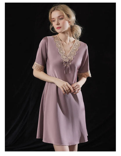 Women Silk Nightdress Summer Lingerie Satin Sleepwear For Ladies Lace V-neck Nightwear Short Sleeve Nightgown Home Clothes