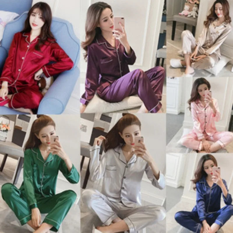 Pajamas Sets for Women 2025 Sexy Silk Women Pijama Sets Sleepwear Long-sleeve Cardigan Set Female Ice Silk Pyjamas Home Clothing
