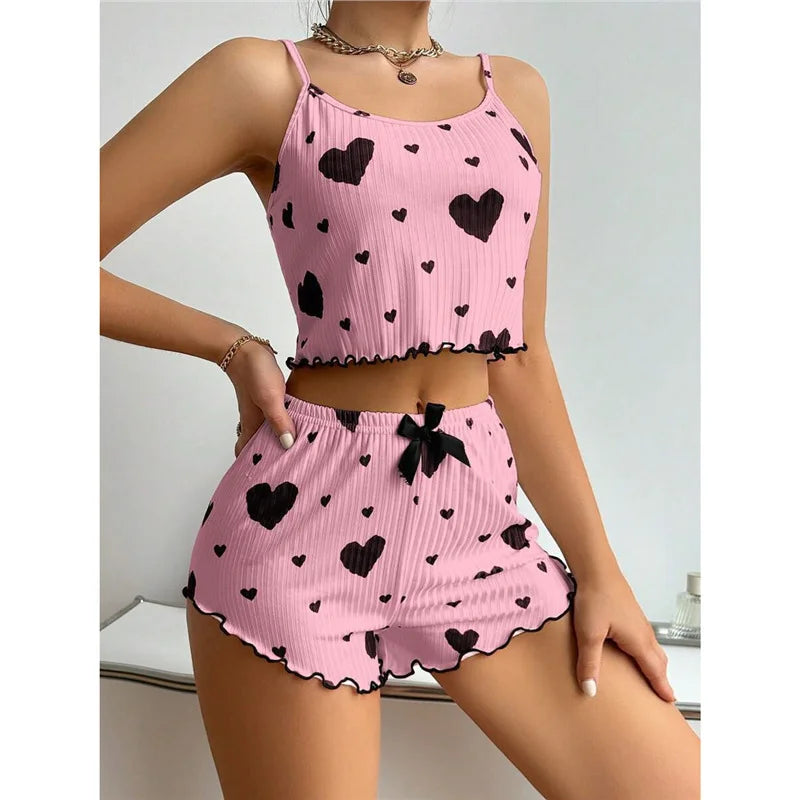 New Women's Pajamas Set Sleepwear Short Tank Tops And Shorts S M L XL White Ventilate Soft Casual Love Printing Women Sleepwear
