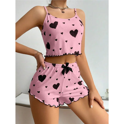 New Women's Pajamas Set Sleepwear Short Tank Tops And Shorts S M L XL White Ventilate Soft Casual Love Printing Women Sleepwear
