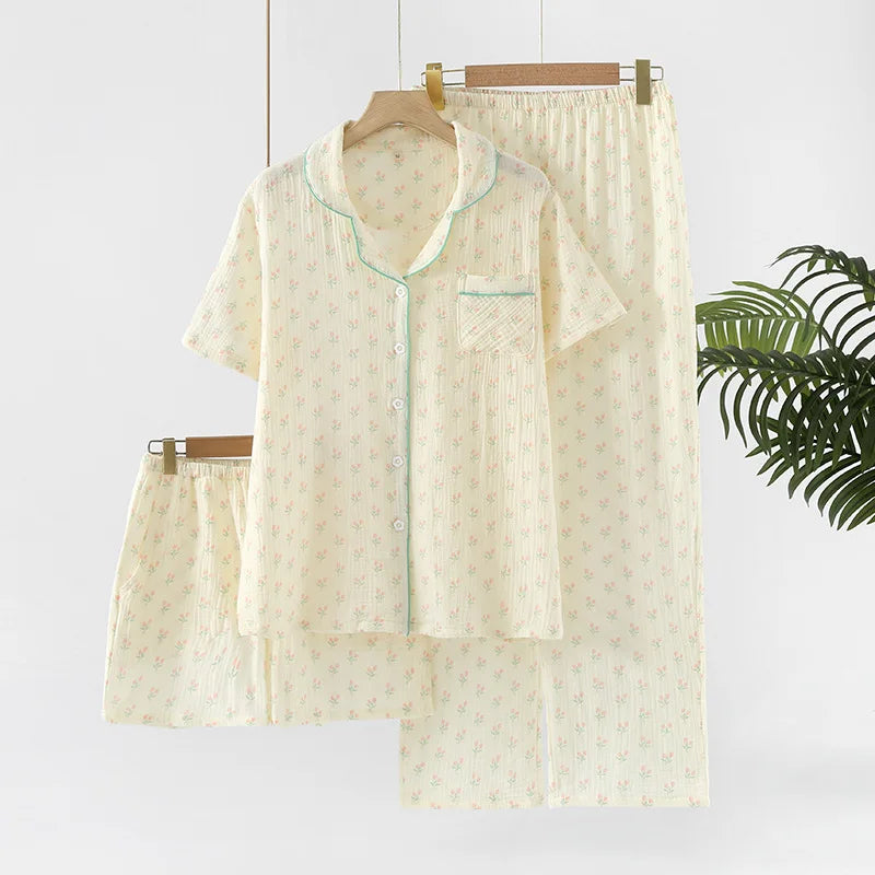 Sleepwear pure cotton 3PCS set Thin crepe fabric Collar short sleeved pants shorts home suit set