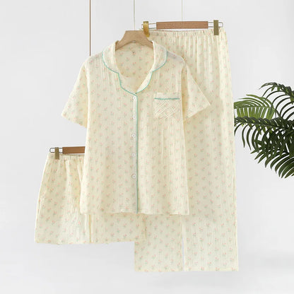 Sleepwear pure cotton 3PCS set Thin crepe fabric Collar short sleeved pants shorts home suit set