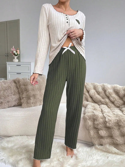 Women's Ribbed Pajamas Set Cute Heart Long Sleeve Top And Trousers Sleepwear 2 Piece Set For Women Casual Suit Loungewear