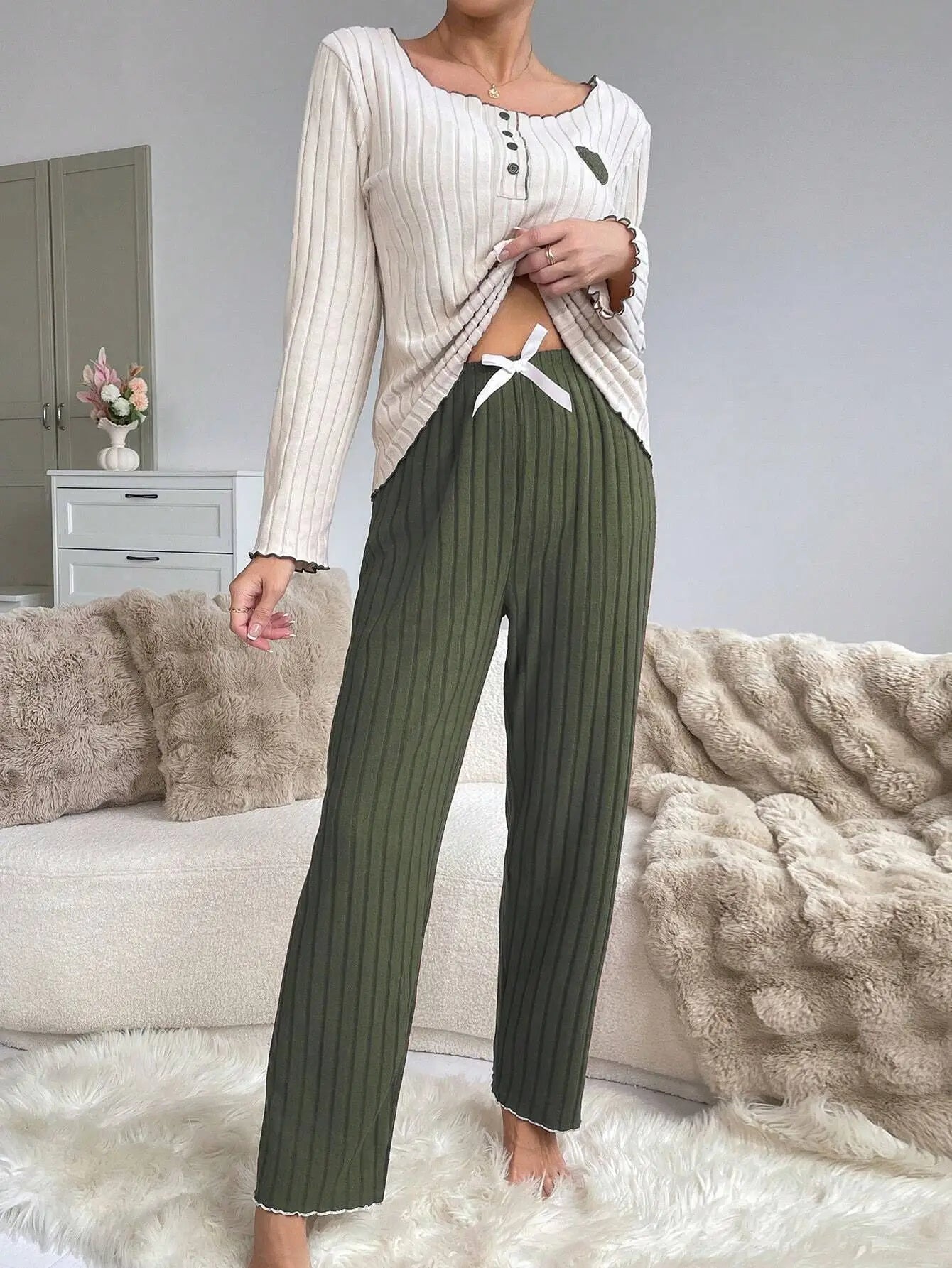 Women's Ribbed Pajamas Set Cute Heart Long Sleeve Top And Trousers Sleepwear 2 Piece Set For Women Casual Suit Loungewear