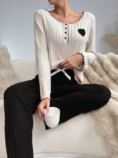 Women's Ribbed Pajamas Set Cute Heart Long Sleeve Top And Trousers Sleepwear 2 Piece Set For Women Casual Suit Loungewear