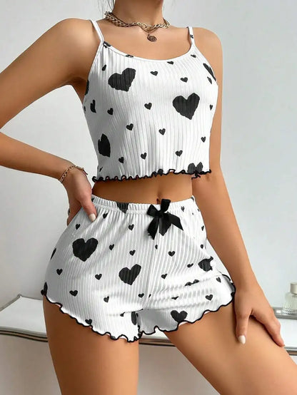 New Women's Pajamas Set Sleepwear Short Tank Tops And Shorts S M L XL White Ventilate Soft Casual Love Printing Women Sleepwear