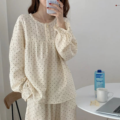 Spring and Autumn Season Korean Style Cute Wrinkled Fabric Sleepwear Women's Long Sleeve Long Pants Loose Student Homewear Set