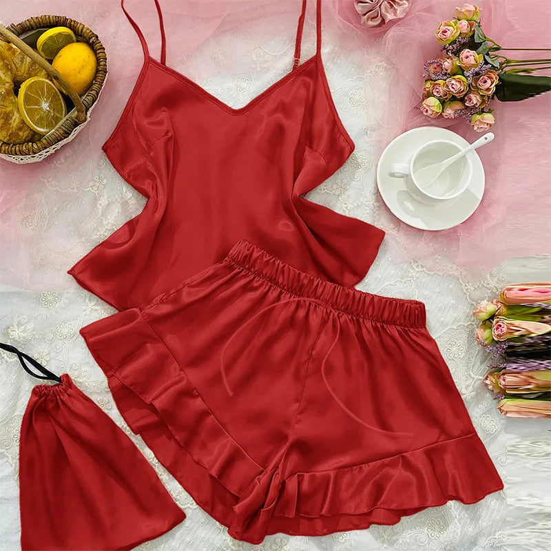 Spring Summer New Women Pajama Four Piece Suit Sleepwear Silky Satin Kimono Bathrobe Trouser Suits Loose Home Clothes Loungewear