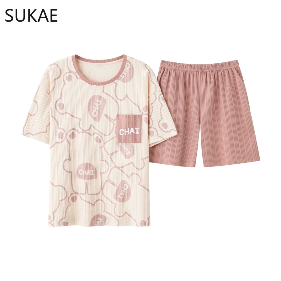 SUKAE Summer Cotton Shorts Couple Sleepwear Cute Pajama  Korean Pajamas Set for Man Fashion Trendy Woman Pijama Casual Nightwear