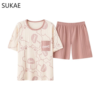 SUKAE Summer Cotton Shorts Couple Sleepwear Cute Pajama  Korean Pajamas Set for Man Fashion Trendy Woman Pijama Casual Nightwear