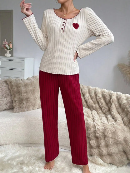 Women's Ribbed Pajamas Set Cute Heart Long Sleeve Top And Trousers Sleepwear 2 Piece Set For Women Casual Suit Loungewear