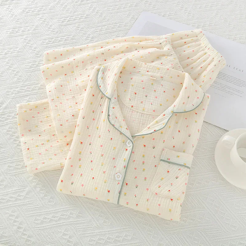 Sleepwear pure cotton 3PCS set Thin crepe fabric Collar short sleeved pants shorts home suit set
