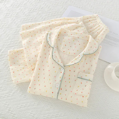 Sleepwear pure cotton 3PCS set Thin crepe fabric Collar short sleeved pants shorts home suit set