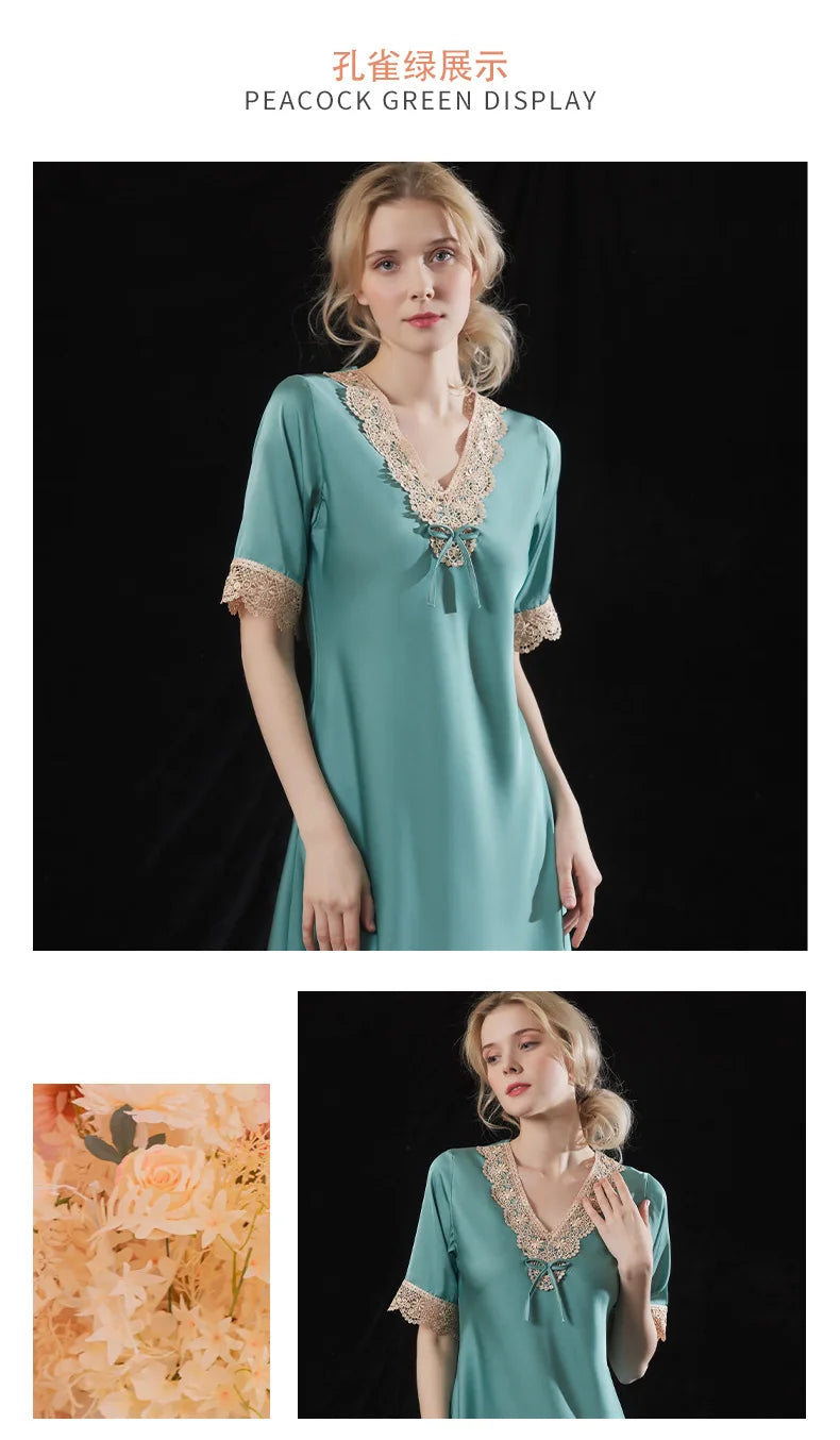 Women Silk Nightdress Summer Lingerie Satin Sleepwear For Ladies Lace V-neck Nightwear Short Sleeve Nightgown Home Clothes