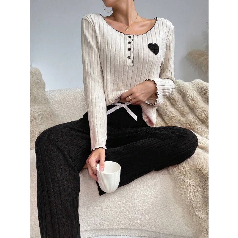Women's Ribbed Pajamas Set Cute Heart Long Sleeve Top And Trousers Sleepwear 2 Piece Set For Women Casual Suit Loungewear