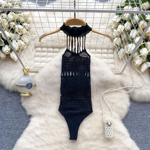 Sexy Hollow Out Women's Black Bodysuit Halter Neck Lace Up Erotic Lingerie Slim Sleepwear Hot Club Nightwear Backless Sexy Top