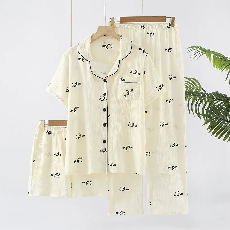 Sleepwear pure cotton 3PCS set Thin crepe fabric Collar short sleeved pants shorts home suit set