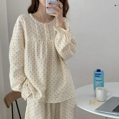 Spring and Autumn Season Korean Style Cute Wrinkled Fabric Sleepwear Women's Long Sleeve Long Pants Loose Student Homewear Set