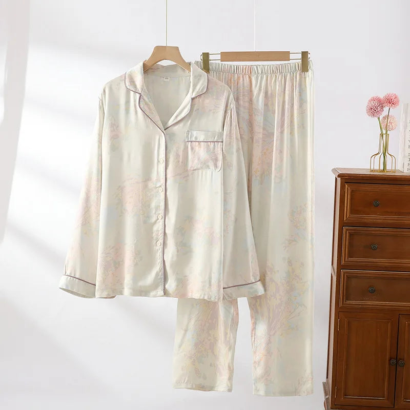 High Quality Women's Cotton Viscose Sleepwear Clothes Fresh and Elegant Thin Style Long Sleeved Pants Set Home Clothes