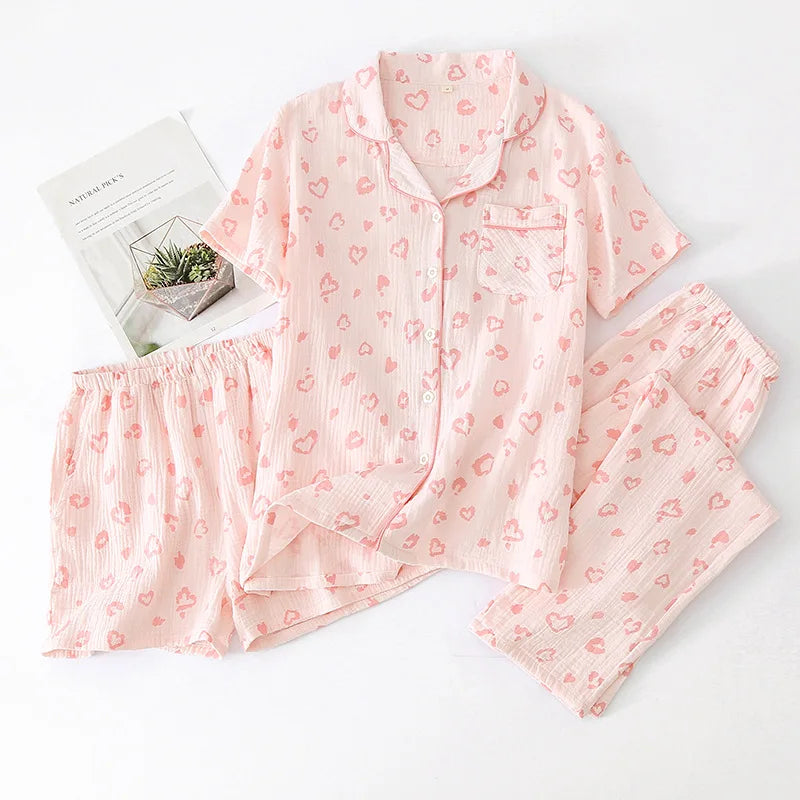 Sleepwear pure cotton 3PCS set Thin crepe fabric Collar short sleeved pants shorts home suit set