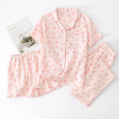 Sleepwear pure cotton 3PCS set Thin crepe fabric Collar short sleeved pants shorts home suit set