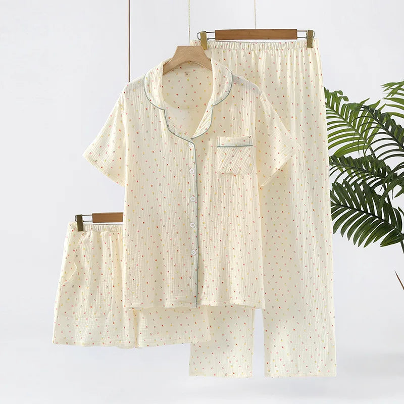 Sleepwear pure cotton 3PCS set Thin crepe fabric Collar short sleeved pants shorts home suit set