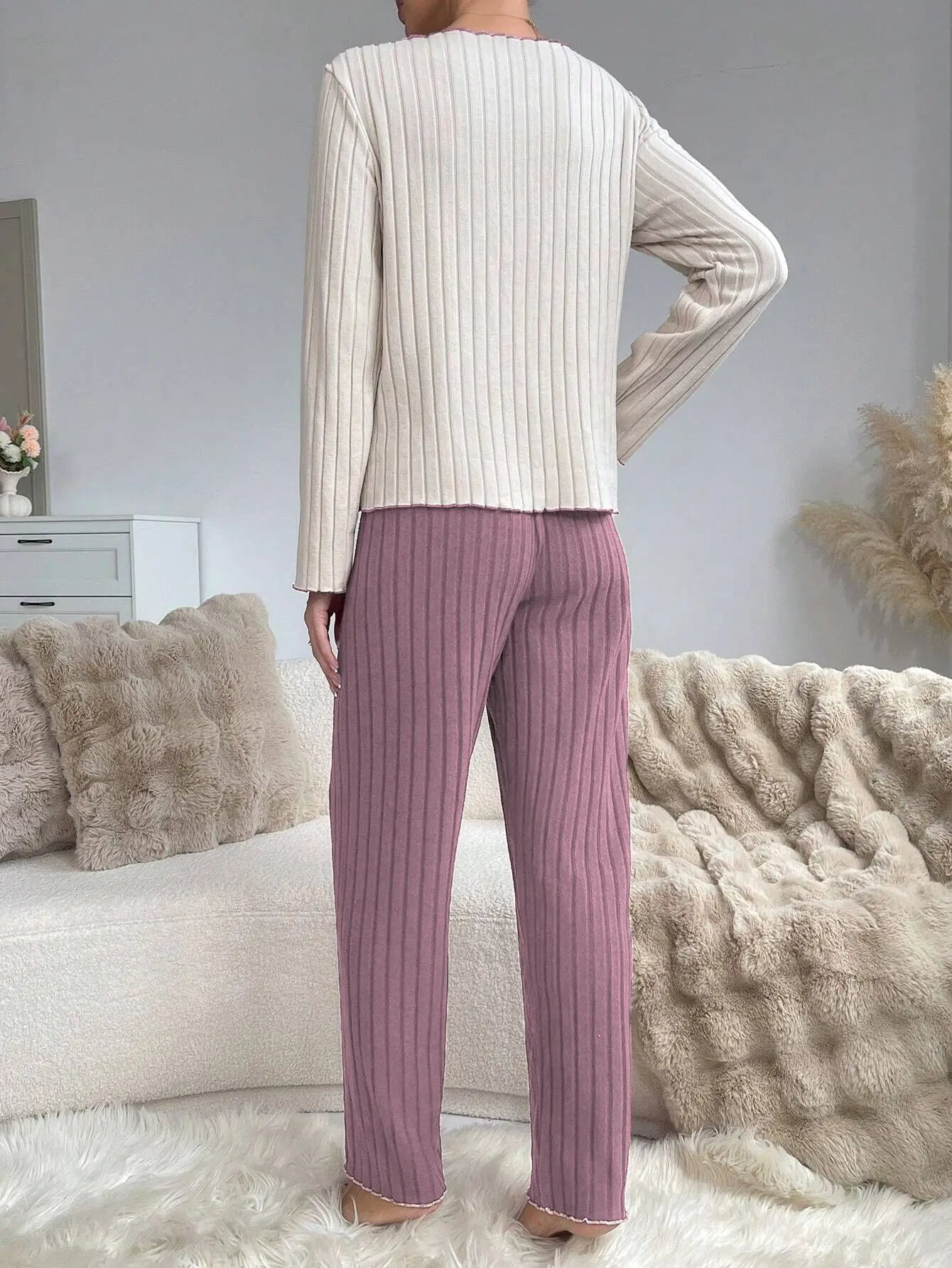 Women's Ribbed Pajamas Set Cute Heart Long Sleeve Top And Trousers Sleepwear 2 Piece Set For Women Casual Suit Loungewear