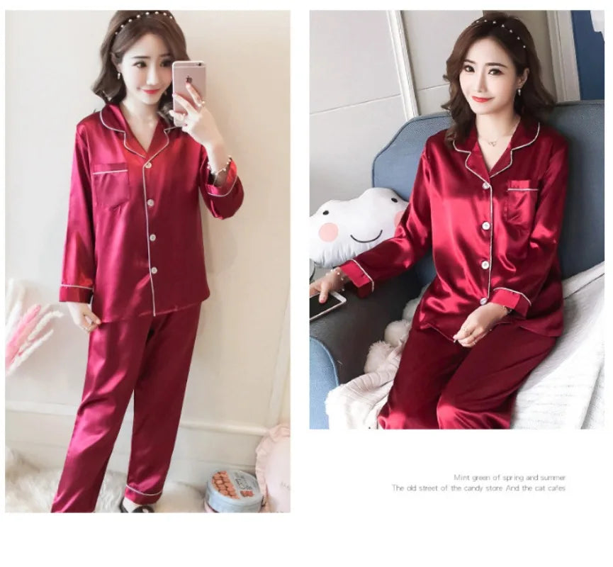 Pajamas Sets for Women 2025 Sexy Silk Women Pijama Sets Sleepwear Long-sleeve Cardigan Set Female Ice Silk Pyjamas Home Clothing