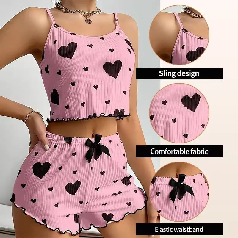 New Women's Pajamas Set Sleepwear Short Tank Tops And Shorts S M L XL White Ventilate Soft Casual Love Printing Women Sleepwear
