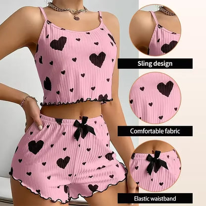 New Women's Pajamas Set Sleepwear Short Tank Tops And Shorts S M L XL White Ventilate Soft Casual Love Printing Women Sleepwear
